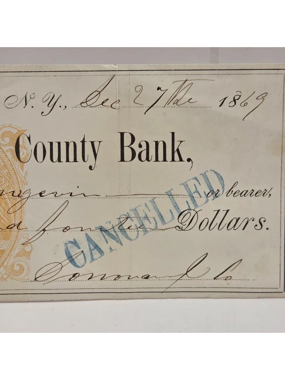 1869 National Ulster County Bank Check Kingston NY Revenue Stamp Cancelled